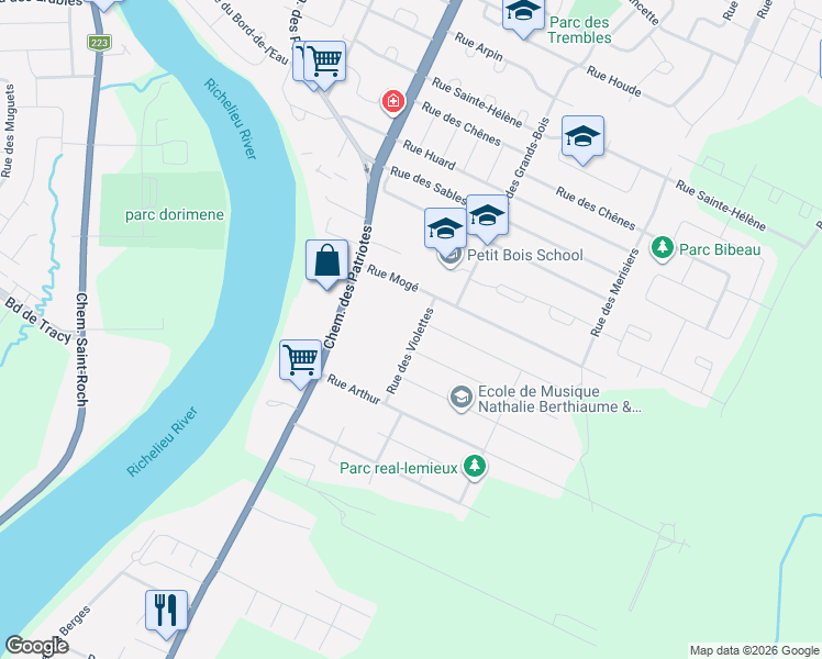 map of restaurants, bars, coffee shops, grocery stores, and more near 1086 Rue des Violettes in Sorel-Tracy