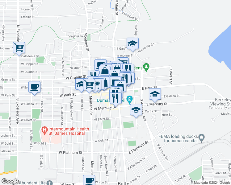 map of restaurants, bars, coffee shops, grocery stores, and more near 8 West Park Street in Butte