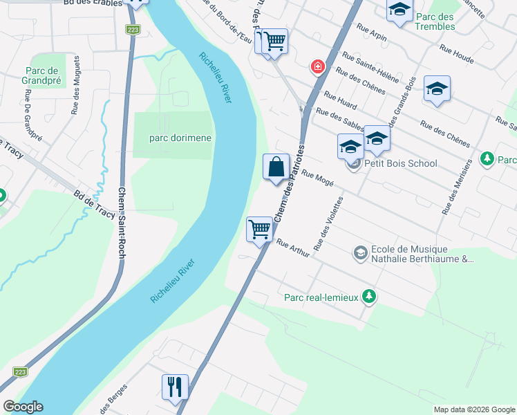 map of restaurants, bars, coffee shops, grocery stores, and more near 1130 Chemin des Patriotes in Sorel-Tracy