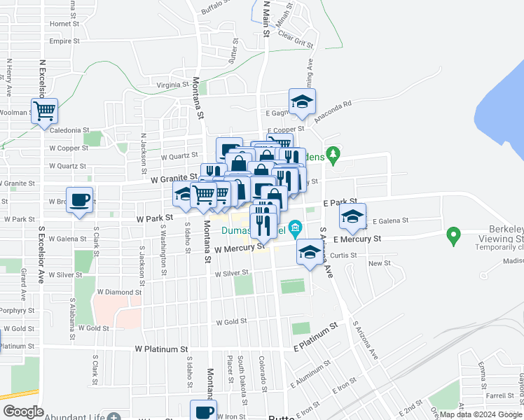 map of restaurants, bars, coffee shops, grocery stores, and more near 2 West Park Street in Butte