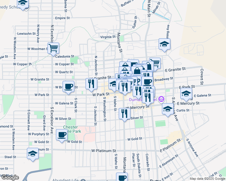 map of restaurants, bars, coffee shops, grocery stores, and more near 224 West Park Street in Butte
