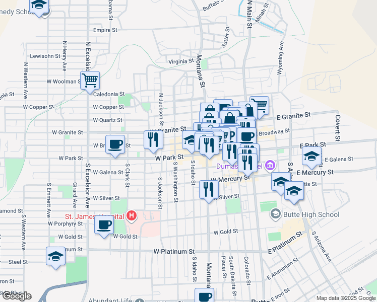 map of restaurants, bars, coffee shops, grocery stores, and more near 224 West Park Street in Butte