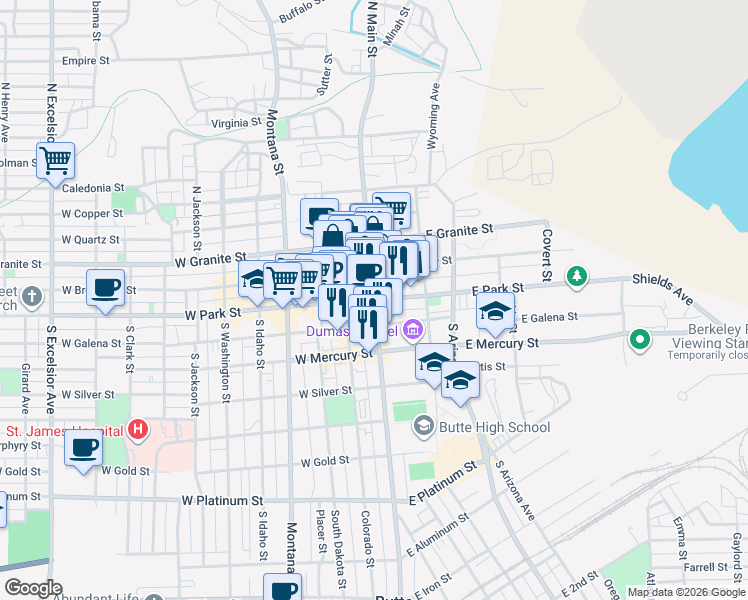 map of restaurants, bars, coffee shops, grocery stores, and more near 2 South Main Street in Butte