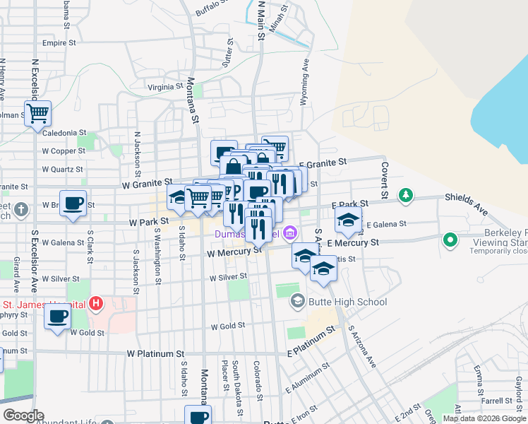 map of restaurants, bars, coffee shops, grocery stores, and more near 4 East Park Street in Butte