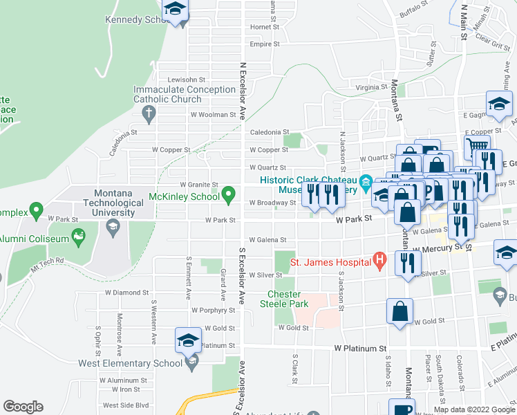 map of restaurants, bars, coffee shops, grocery stores, and more near 826 West Broadway Street in Butte