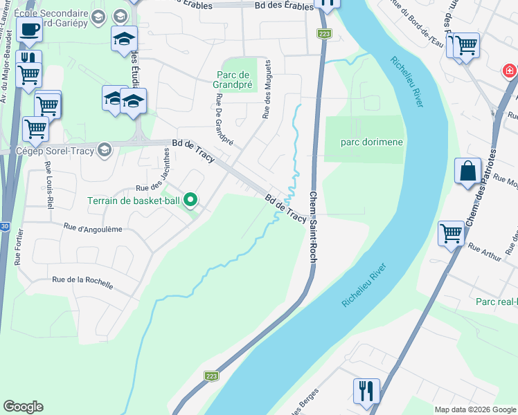 map of restaurants, bars, coffee shops, grocery stores, and more near 7801 Rue Émile-Parent in Sorel-Tracy