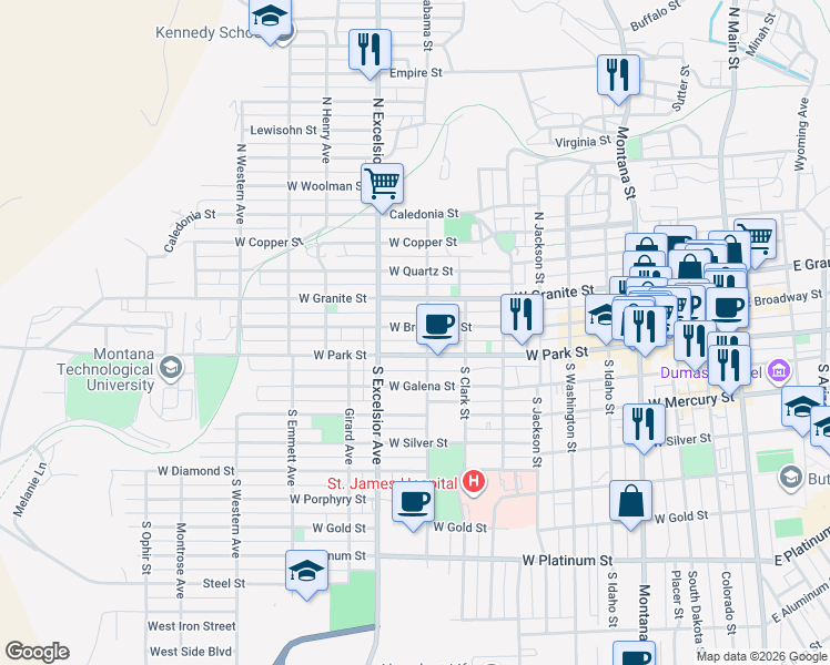 map of restaurants, bars, coffee shops, grocery stores, and more near 810 West Broadway Street in Butte