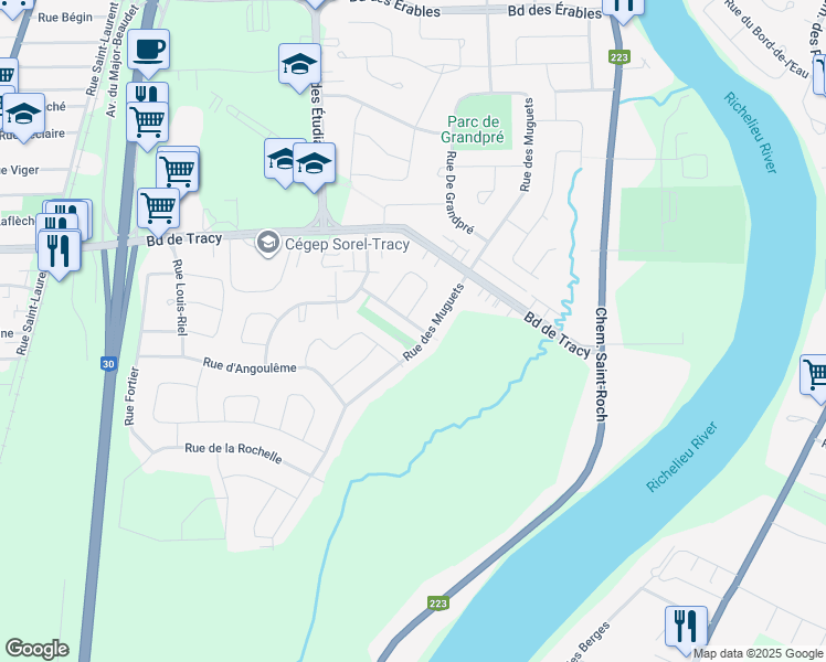 map of restaurants, bars, coffee shops, grocery stores, and more near 2346 Rue des Hirondelles in Sorel-Tracy