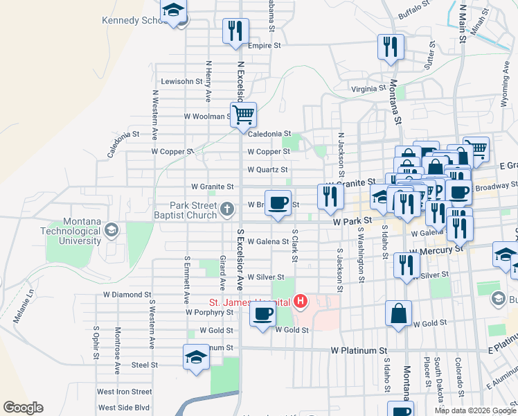 map of restaurants, bars, coffee shops, grocery stores, and more near 811 West Park Street in Butte