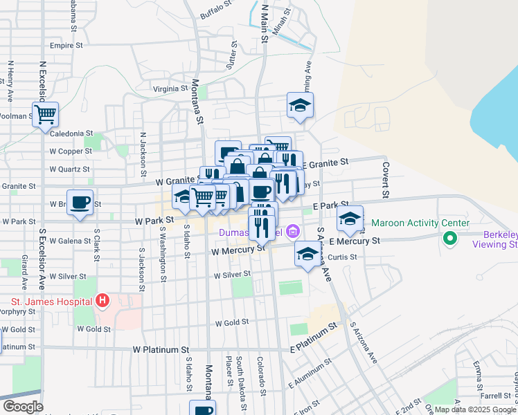 map of restaurants, bars, coffee shops, grocery stores, and more near 1 West Park Street in Butte