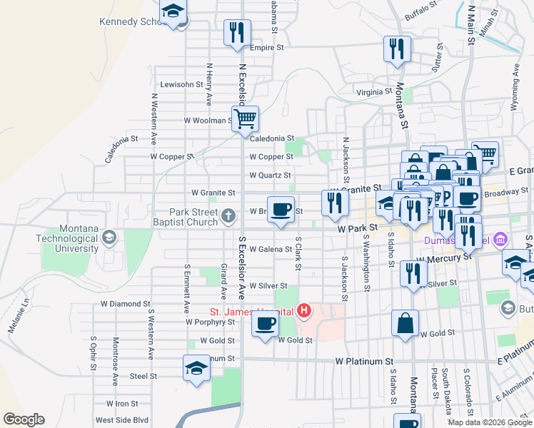 map of restaurants, bars, coffee shops, grocery stores, and more near 808 West Broadway Street in Butte