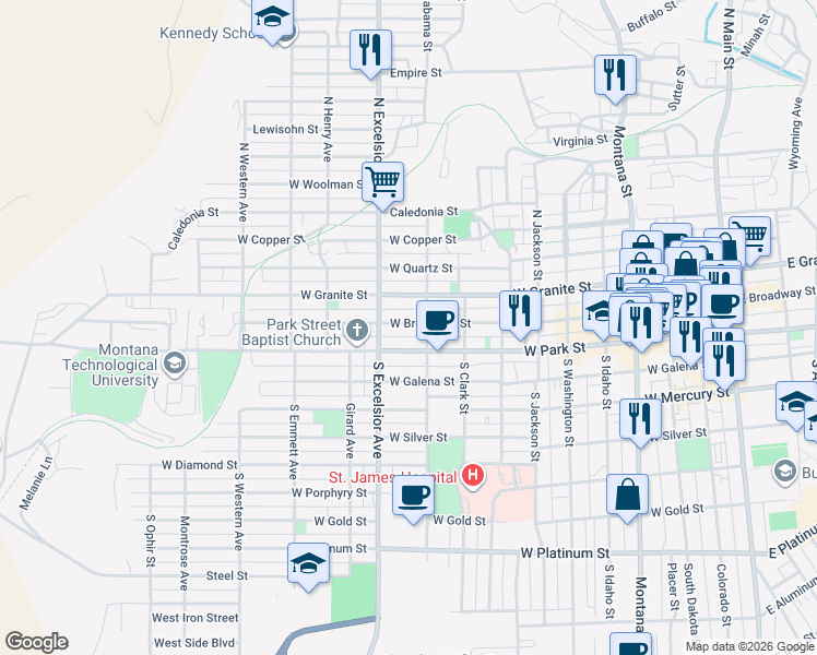 map of restaurants, bars, coffee shops, grocery stores, and more near 811 West Park Street in Butte