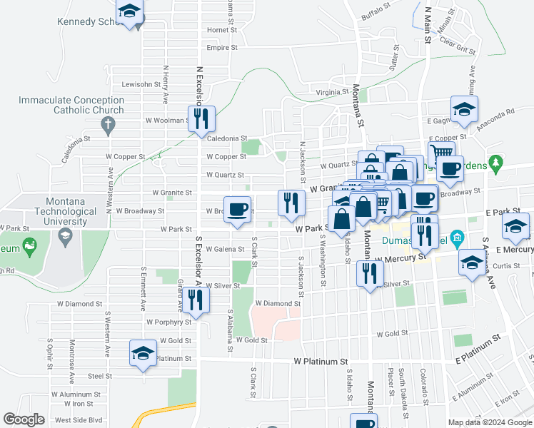 map of restaurants, bars, coffee shops, grocery stores, and more near 624 West Broadway Street in Butte