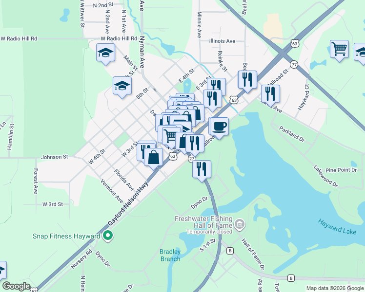map of restaurants, bars, coffee shops, grocery stores, and more near US Highway 63 in Hayward