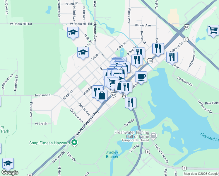 map of restaurants, bars, coffee shops, grocery stores, and more near 15848 U.S. 63 in Hayward