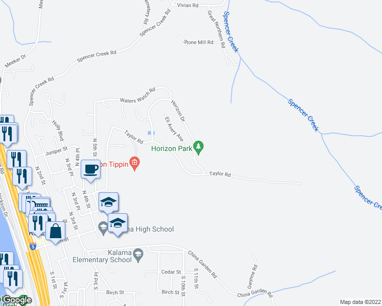 map of restaurants, bars, coffee shops, grocery stores, and more near 110 Eli Avery Avenue in Kalama
