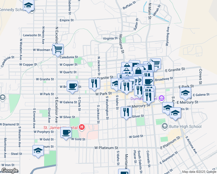map of restaurants, bars, coffee shops, grocery stores, and more near 316 West Park Street in Butte