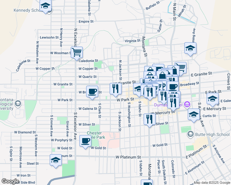 map of restaurants, bars, coffee shops, grocery stores, and more near 505 West Park Street in Butte