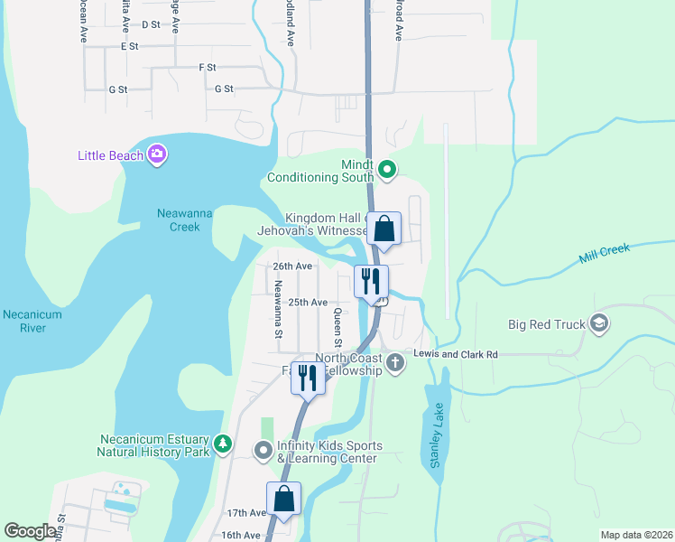 map of restaurants, bars, coffee shops, grocery stores, and more near 2549 Queen Street in Seaside
