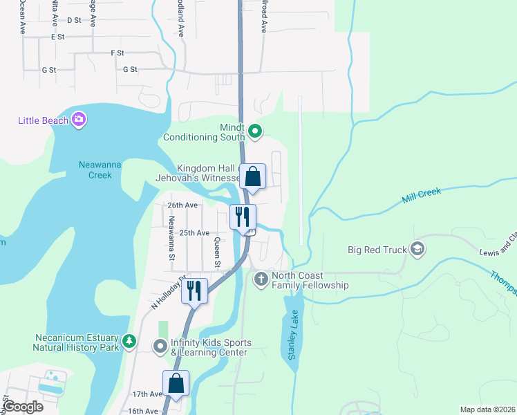 map of restaurants, bars, coffee shops, grocery stores, and more near 2401-2537 Pacific Coast Scenic Byway in Seaside