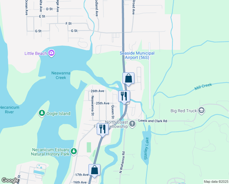 map of restaurants, bars, coffee shops, grocery stores, and more near 1024 25th Avenue in Seaside