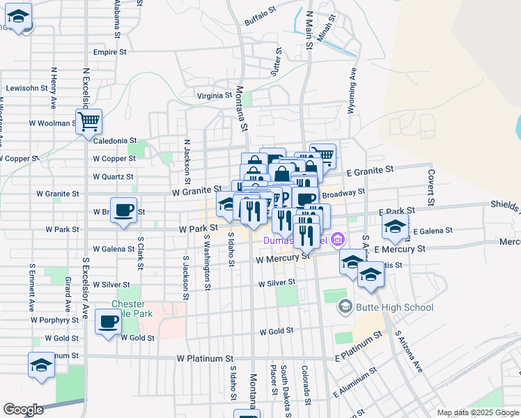map of restaurants, bars, coffee shops, grocery stores, and more near 144 West Park Street in Butte