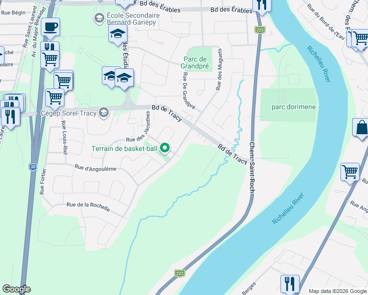map of restaurants, bars, coffee shops, grocery stores, and more near 7842 Rue des Muguets in Sorel-Tracy