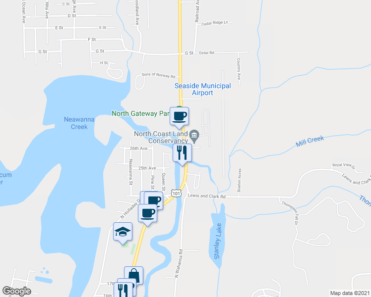 map of restaurants, bars, coffee shops, grocery stores, and more near 2537 Oregon Coast Highway in Seaside