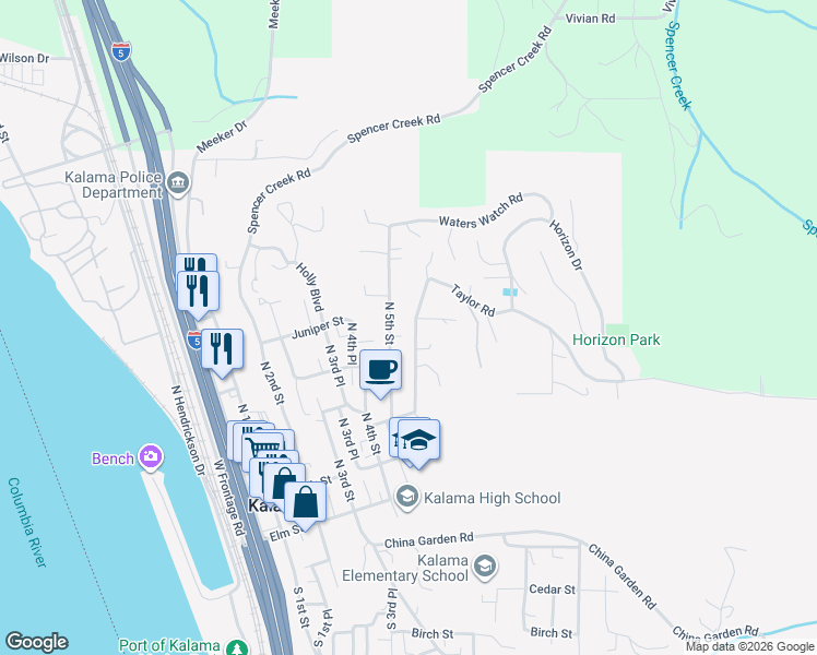 map of restaurants, bars, coffee shops, grocery stores, and more near 705 Taylor Road in Kalama
