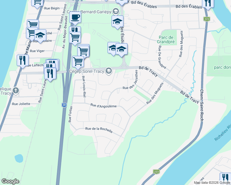 map of restaurants, bars, coffee shops, grocery stores, and more near 8550 Rue des Jacinthes in Sorel-Tracy