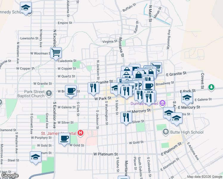 map of restaurants, bars, coffee shops, grocery stores, and more near 318 West Granite Street in Butte
