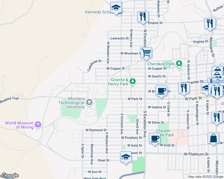 map of restaurants, bars, coffee shops, grocery stores, and more near 1127 West Granite Street in Butte