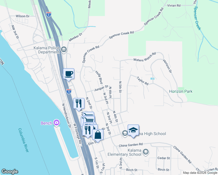 map of restaurants, bars, coffee shops, grocery stores, and more near 397 Juniper Street in Kalama