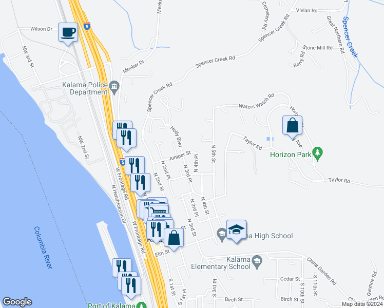 map of restaurants, bars, coffee shops, grocery stores, and more near 397 Juniper Street in Kalama