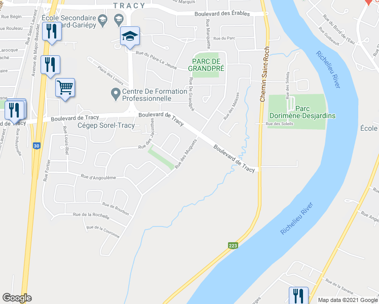 map of restaurants, bars, coffee shops, grocery stores, and more near 7812 Rue des Muguets in Sorel-Tracy