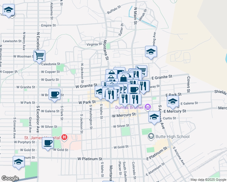 map of restaurants, bars, coffee shops, grocery stores, and more near in Butte