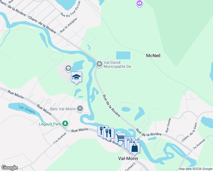 map of restaurants, bars, coffee shops, grocery stores, and more near 6595 Rue de la Rivière in Val-Morin