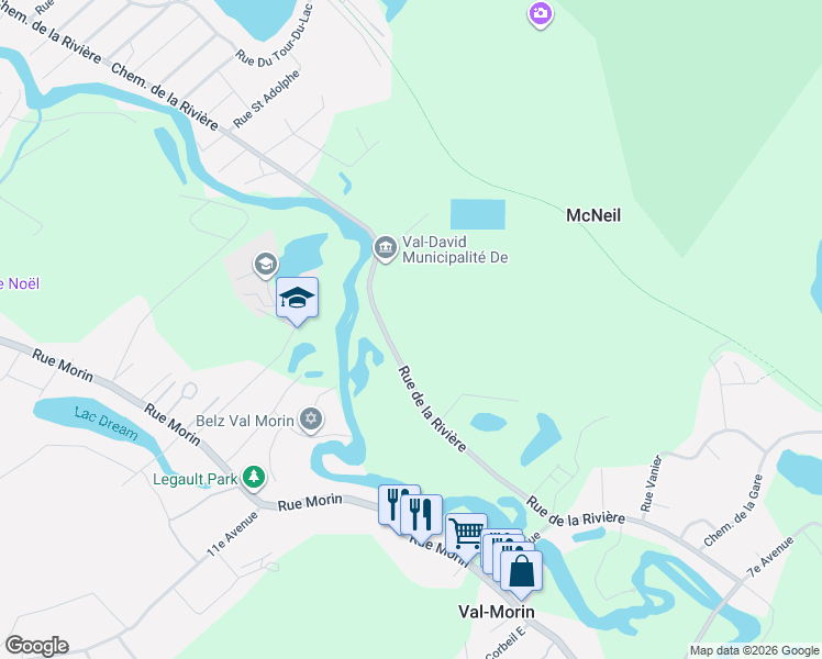 map of restaurants, bars, coffee shops, grocery stores, and more near 6595 Rue de la Rivière in Val-Morin