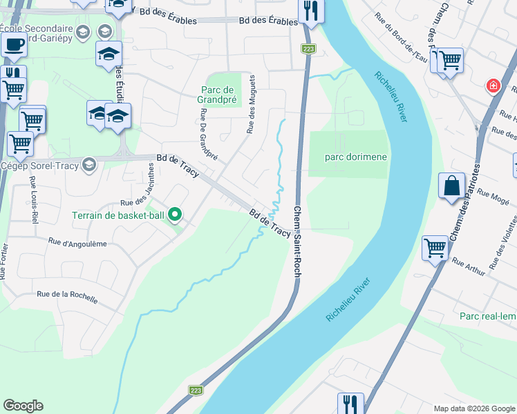 map of restaurants, bars, coffee shops, grocery stores, and more near 1863 Boulevard de Tracy in Sorel-Tracy