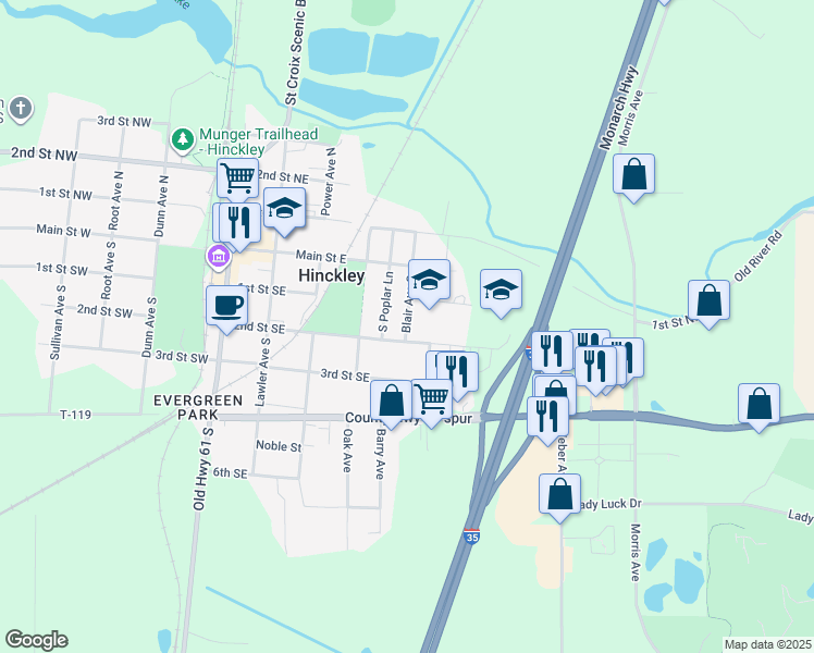 map of restaurants, bars, coffee shops, grocery stores, and more near 111 Blair Avenue South in Hinckley