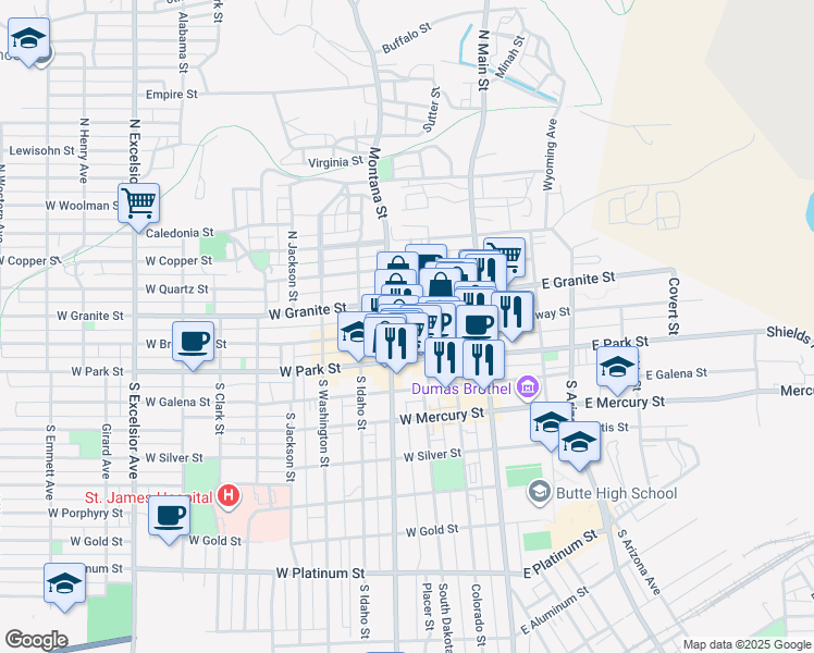 map of restaurants, bars, coffee shops, grocery stores, and more near 120 North Montana Street in Butte