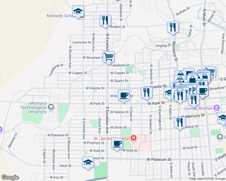 map of restaurants, bars, coffee shops, grocery stores, and more near 834 West Granite Street in Butte