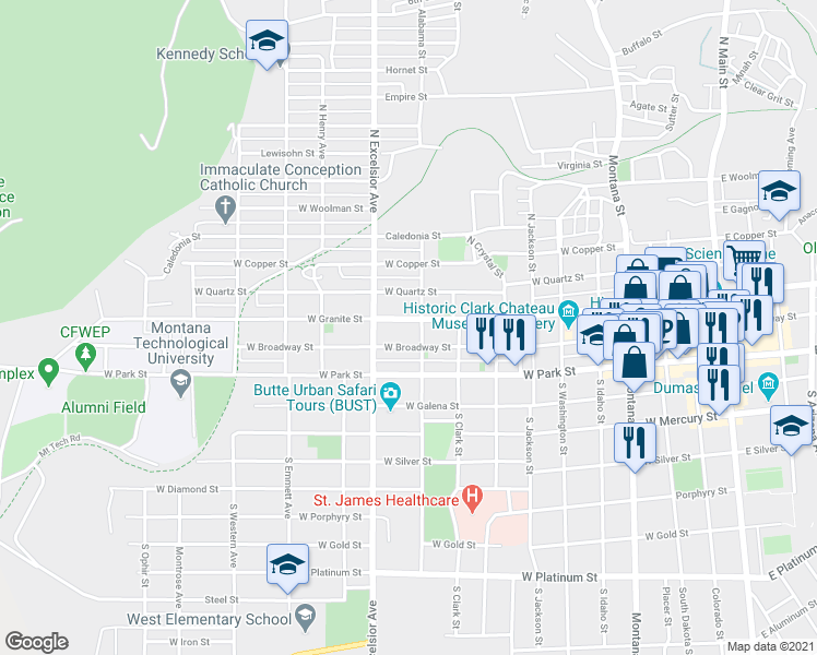 map of restaurants, bars, coffee shops, grocery stores, and more near 814 West Granite Street in Butte