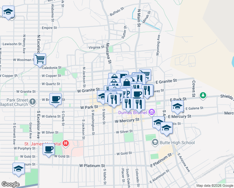 map of restaurants, bars, coffee shops, grocery stores, and more near 120 North Montana Street in Butte