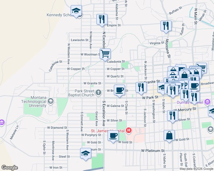 map of restaurants, bars, coffee shops, grocery stores, and more near in Butte