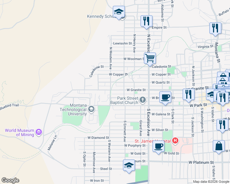 map of restaurants, bars, coffee shops, grocery stores, and more near 1144 West Granite Street in Butte