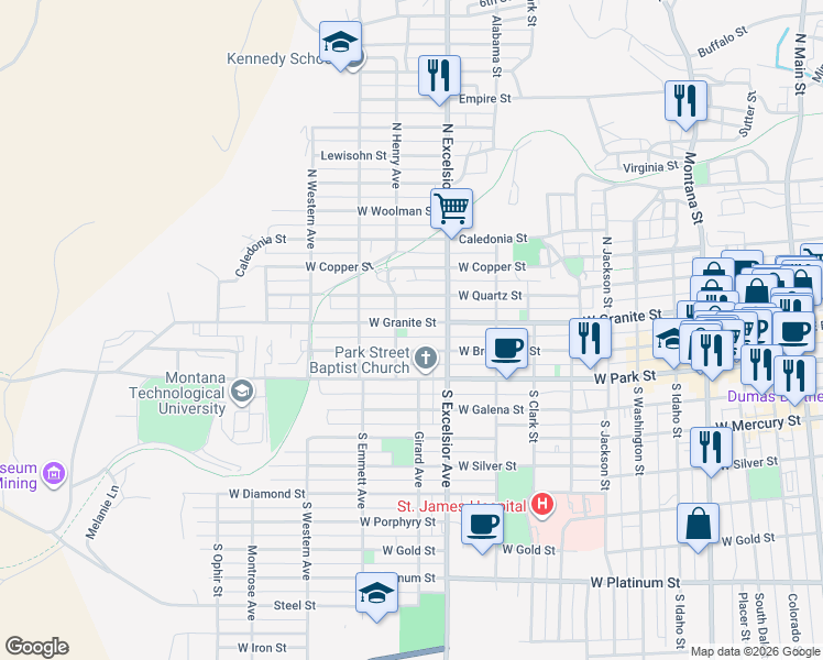 map of restaurants, bars, coffee shops, grocery stores, and more near 942 West Granite Street in Butte
