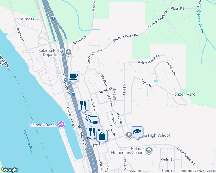 map of restaurants, bars, coffee shops, grocery stores, and more near 320 Holly Boulevard in Kalama