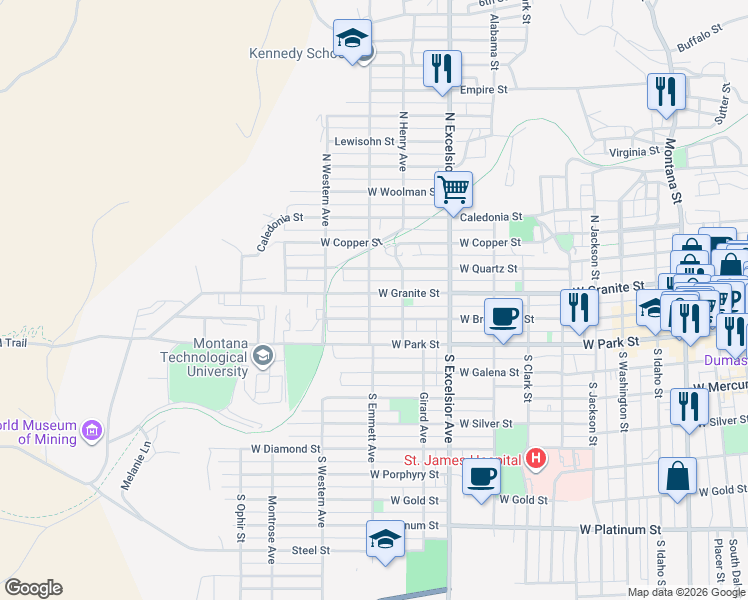 map of restaurants, bars, coffee shops, grocery stores, and more near 1042 West Granite Street in Butte