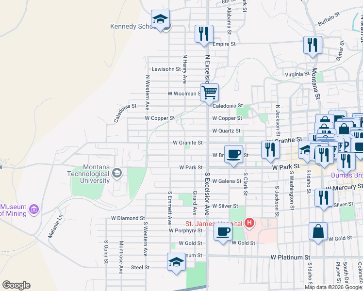 map of restaurants, bars, coffee shops, grocery stores, and more near 1006 West Granite Street in Butte